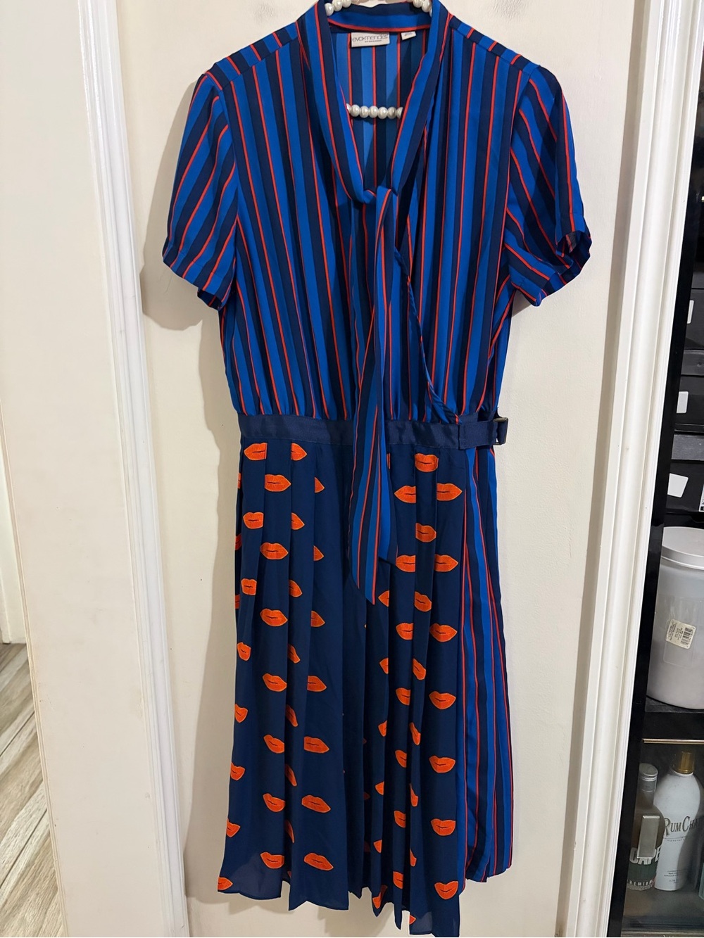 New York & Company Navy and Orange Striped & Pleated Midi Dress - Picture 3 of 15
